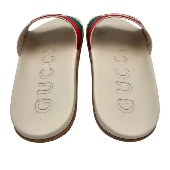 Gucci GG Slide Flat Pool Sandal White Red Green Web Stripe Rubber Size 40 US 10 - Picture 6 of 11